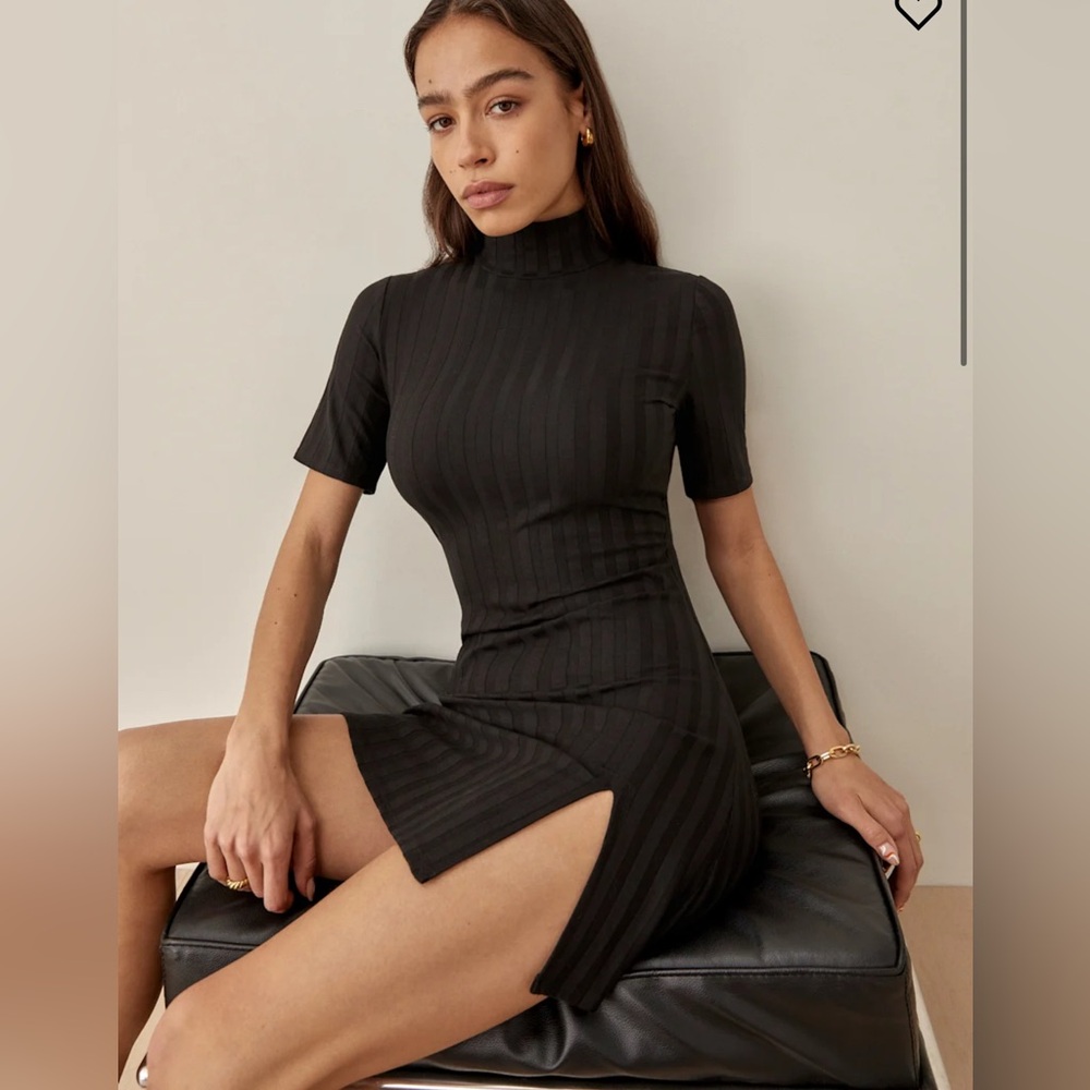Reformation Zia Knit Dress Mock Neck Minidress Mustard Wide Rib